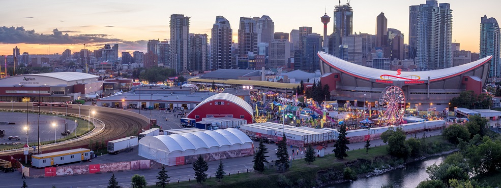 Panoramic view of the Calgary Stampede at sunset.