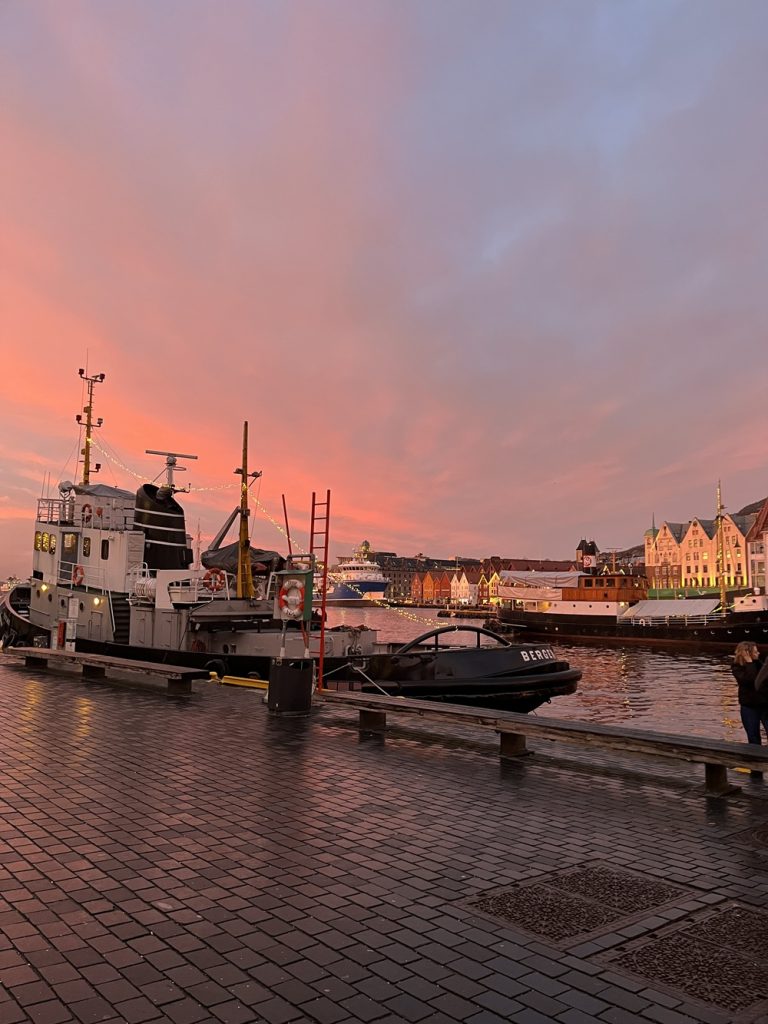 Bergen harbor in the winter solstice sunset