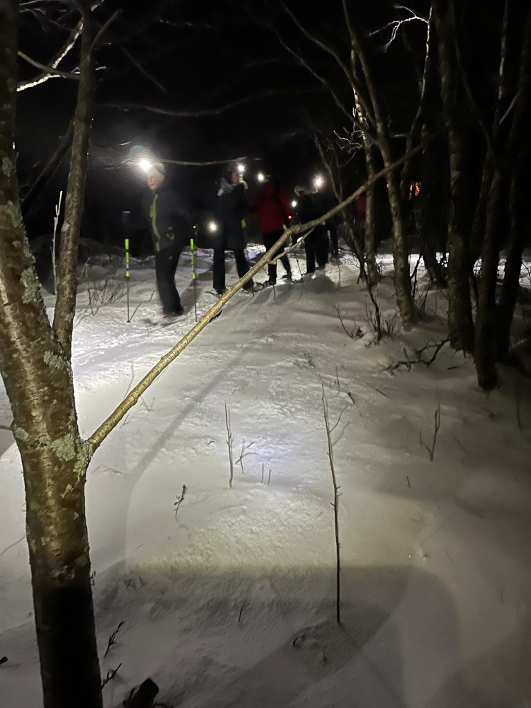 Snowshoeing in the dark in above the Arctic Circle in Norway