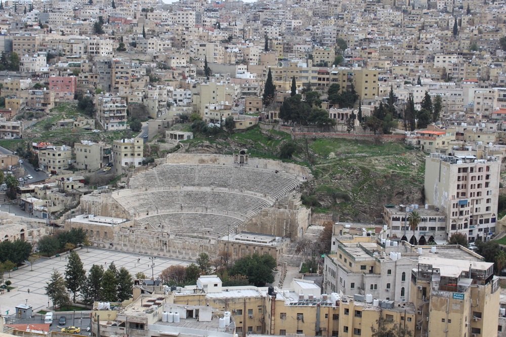 View of an ancient Roman Amphitheater from The Citadel in Amman Jordan