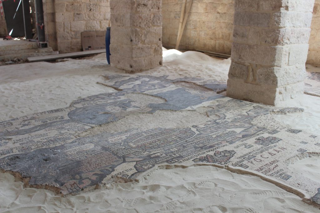 What remains of the map of the known world mosaic inside the St. George Greet Orthodox Church in Madaba, Jordan