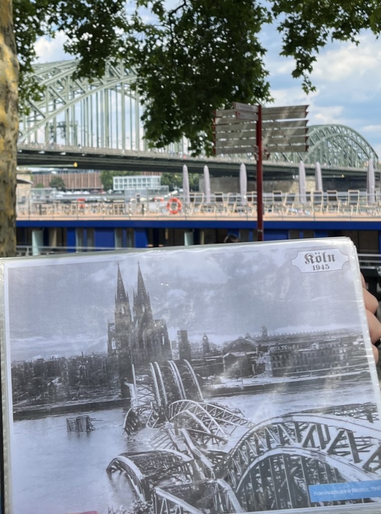 The main bridge in Cologne (background) and how it looked at the end of World War 2