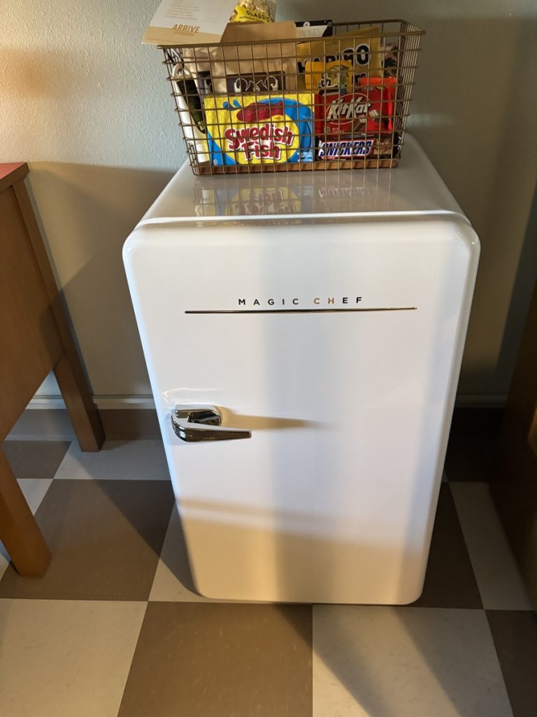 Mini-fridge and snacks at ARRIVE Albuquerque Hotel