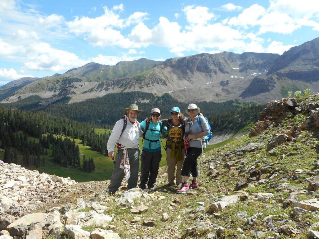 At the Maroon Bell trail summit on our splendid 17-mile hike from Crested Butte to Aspen in July