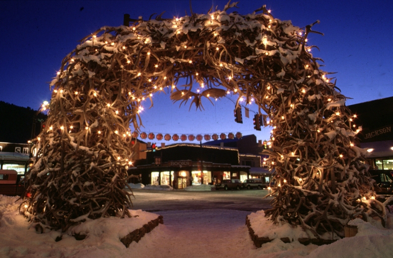 The elk antler arches that decorate the town square in Jackson Wyoming