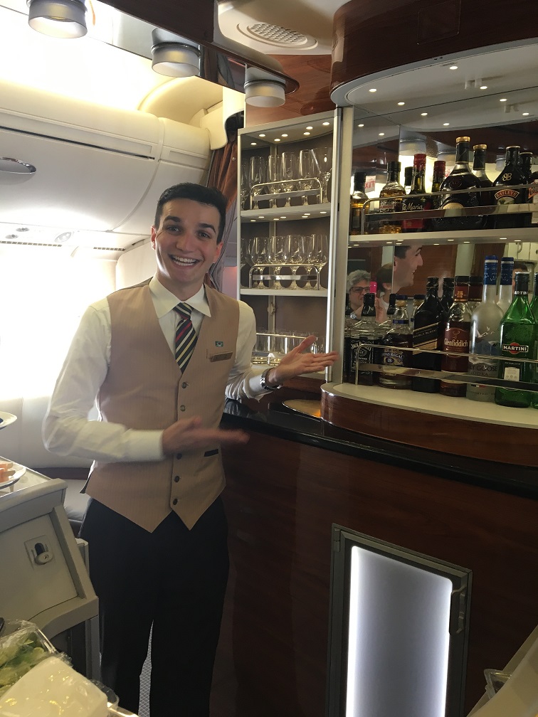 Bar service aboard Emirates flight to Dubai