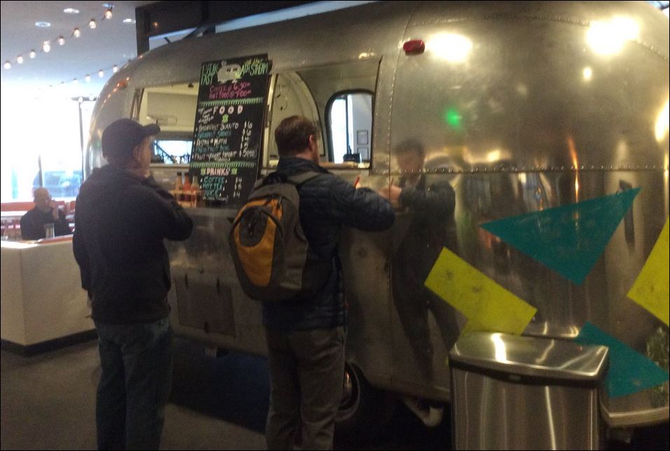 Breakfast burritos and egg sandwiches served from Airstream Trailer in lobby of Maven Hotel