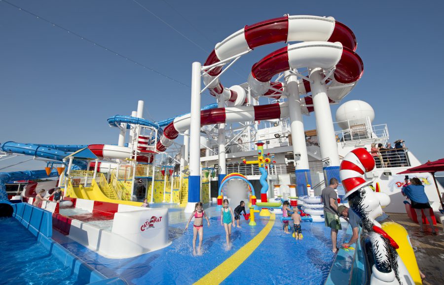 The family-friendly Dr. Seuss WaterWorks Park, aboard Carnival Horizon, offers two lengthy slides and other water-based attractions for guests. Photo by Andy Newman/Carnival Cruise Line