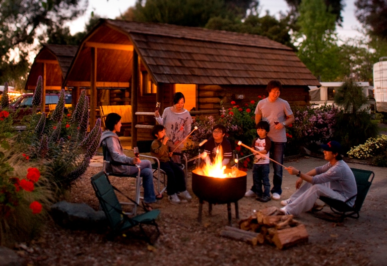 Camping in a rustic cabin with 'smores by the fire