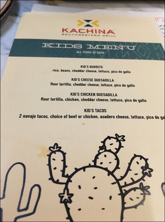 Kids menu at Kachina Southwestern Grill