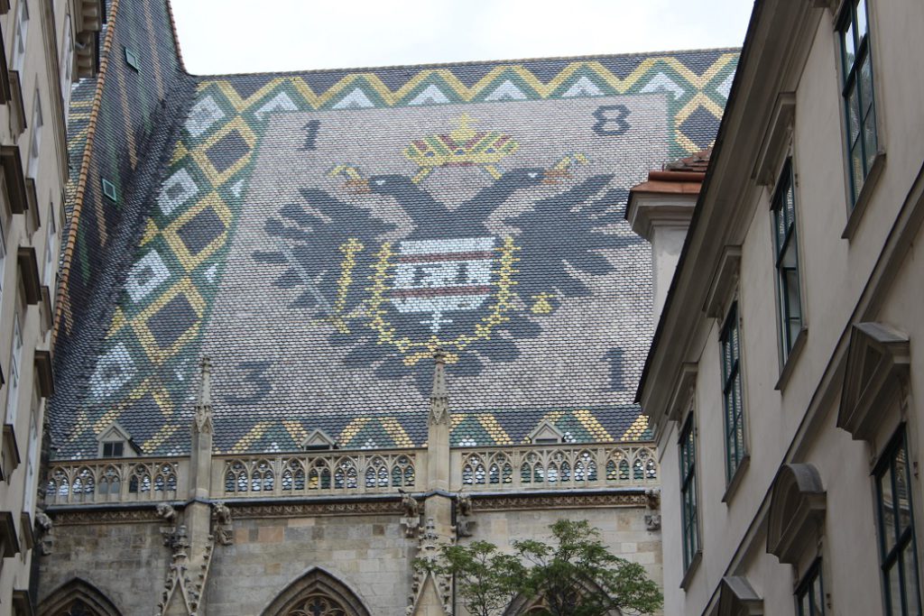One of the famous tiles roofs on St. Stephens Cathedral in Vienna