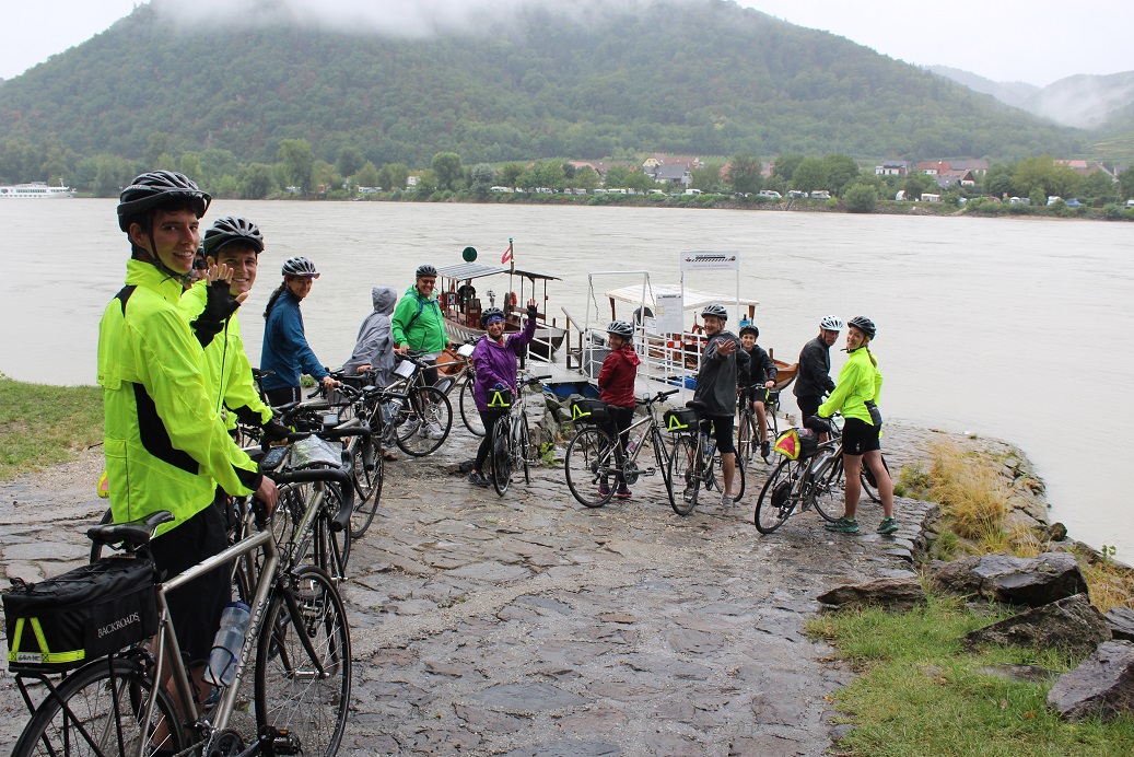 Our Backroads biking group waiting to ferry across the Danube at Durnstein Austria