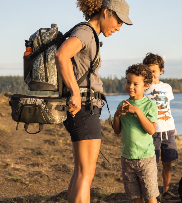 Backpack with handy front shuttle pod
