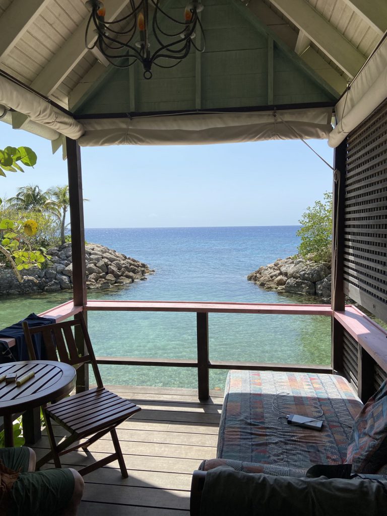 View of "snorklers cove" from one of the beach huts