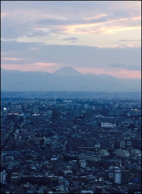 View of Mount Fuji at sunset from lobby level of Park Hyatt Tokyo