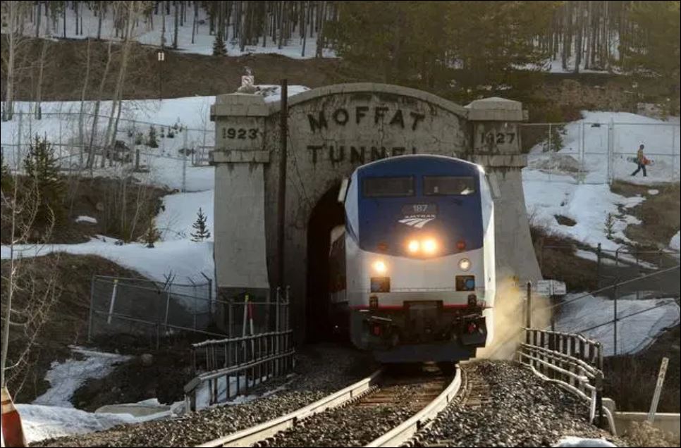 Ski train emerges from Moffat Tunnel at Winter Park