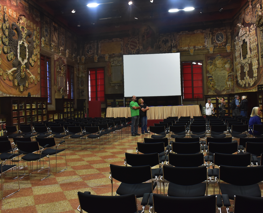 More modern lecture hall at University of Bologna library, which houses millions of ancient books and texts. The University opened in 1088 and is the oldest in Europe