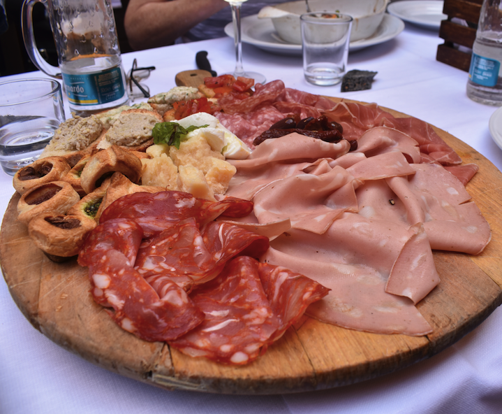 Sliced bologna, salami, prosciutto and other appetizers for lunch