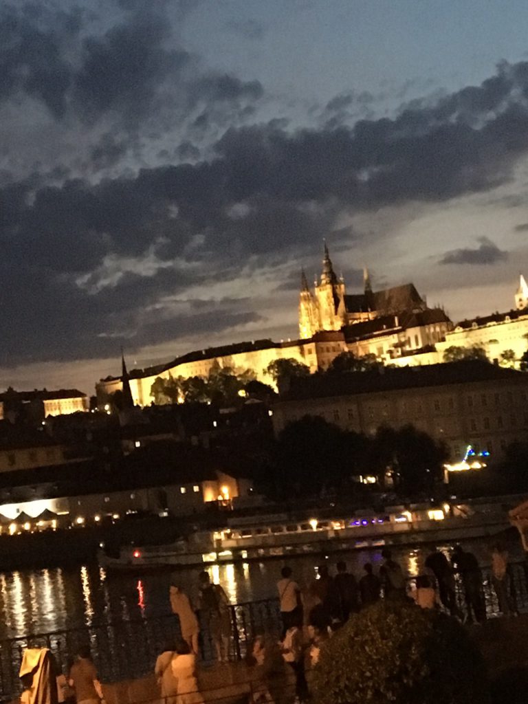 Sunset view of the Prague Castle from the terrace at the Four Seasons Hotel restaurant