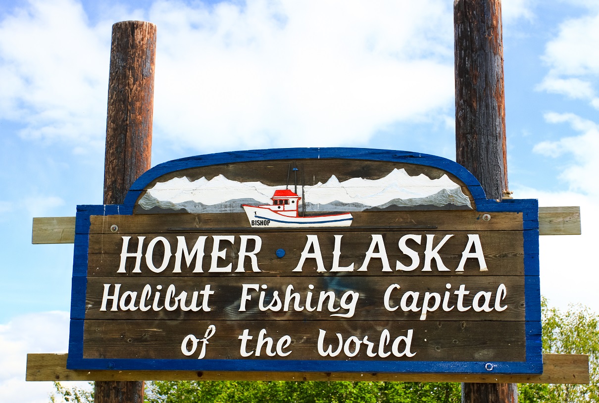 This sign greets visitors on the Kenai Peninsula as they enter world-famous Homer Alaska