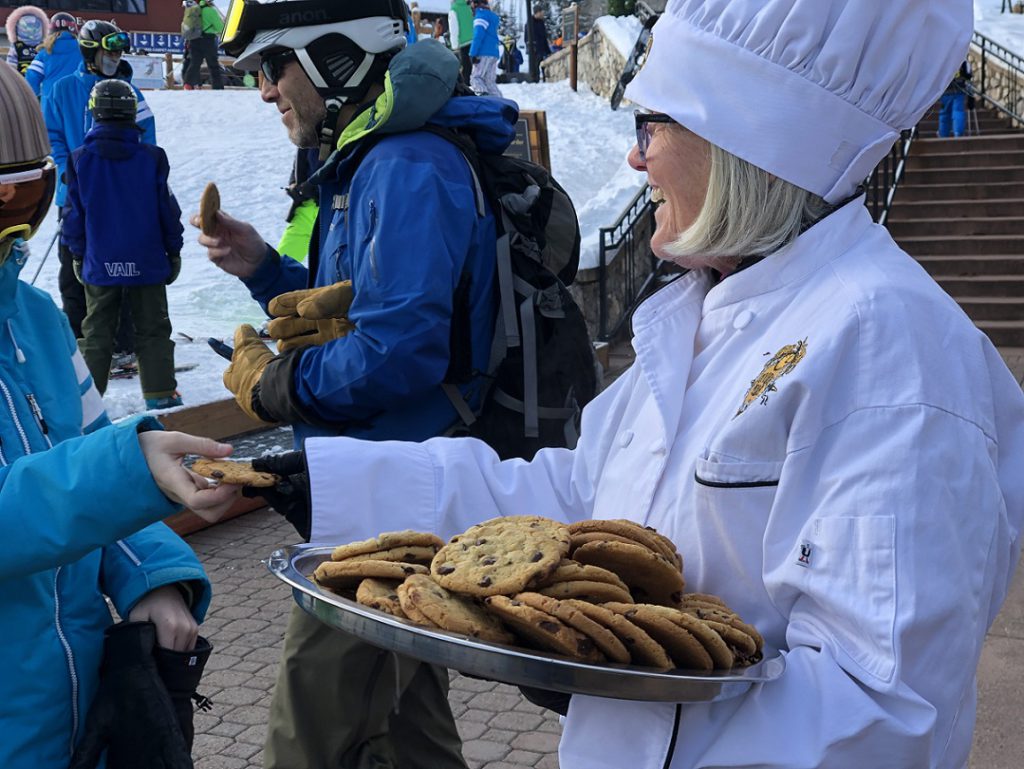 Warm and gooey chocolate chip cookies are a trademark apres ski feature at Beaver Creek