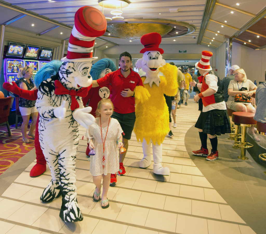 Dr. Seuss' Cat In the Hat and friends stroll on the Carnival Sunrise as part of a Seuss-a-palooza Parade