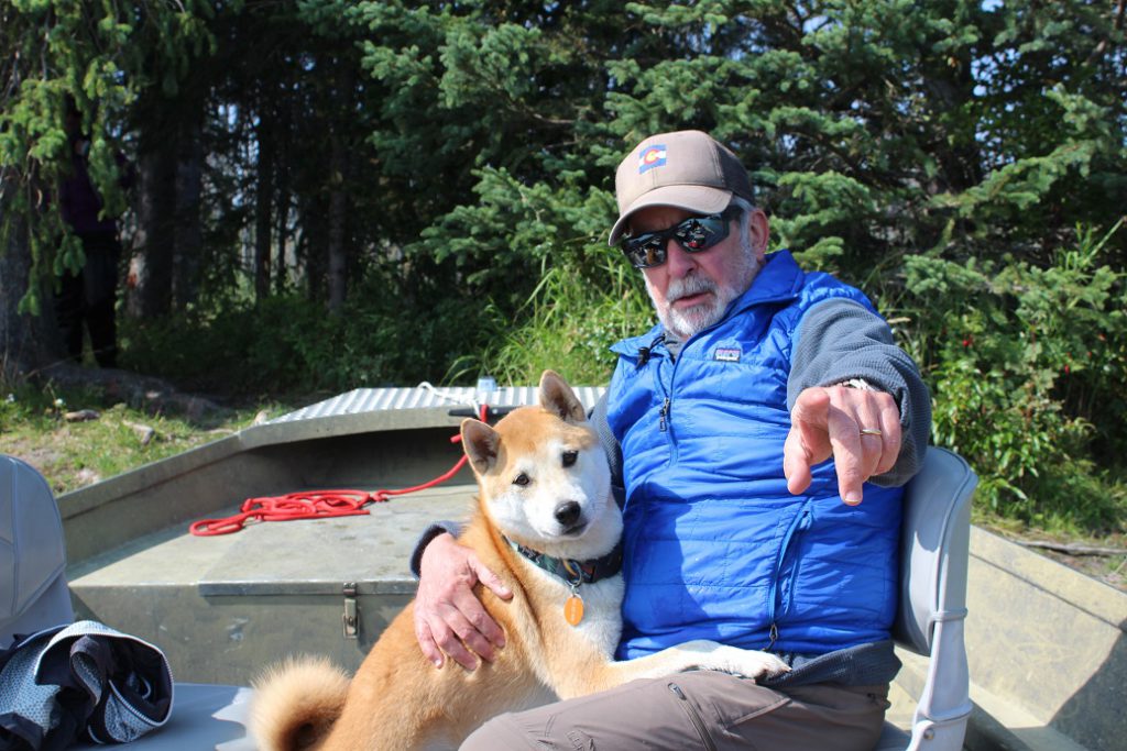 Chili the dog visits our fishing boat on the Kenai River