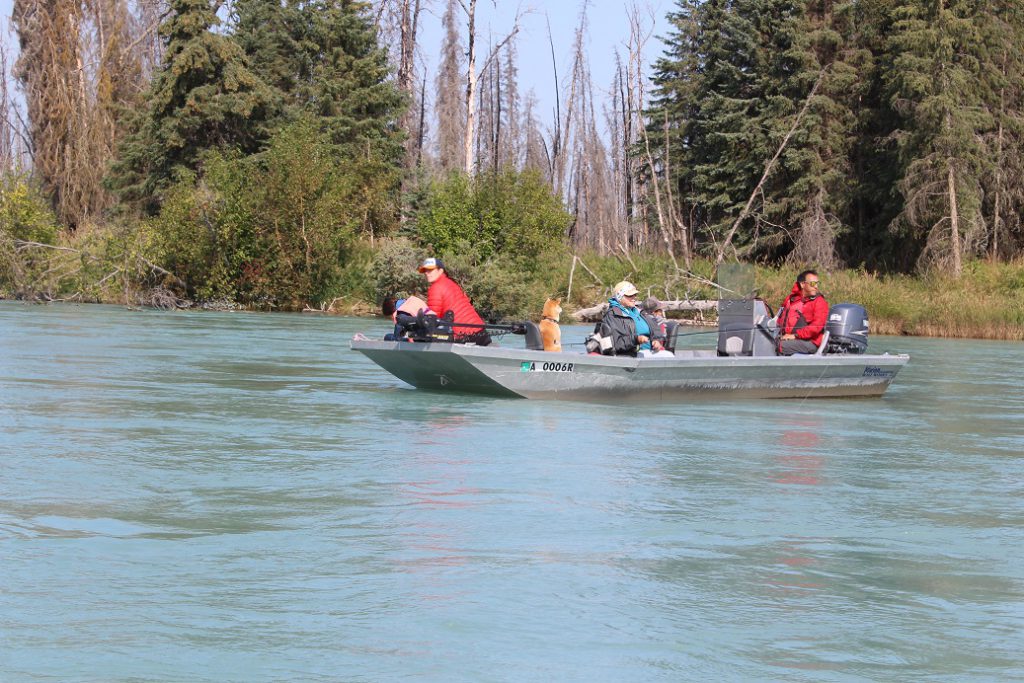 Chili the dog's family in their boat on the Kenai River