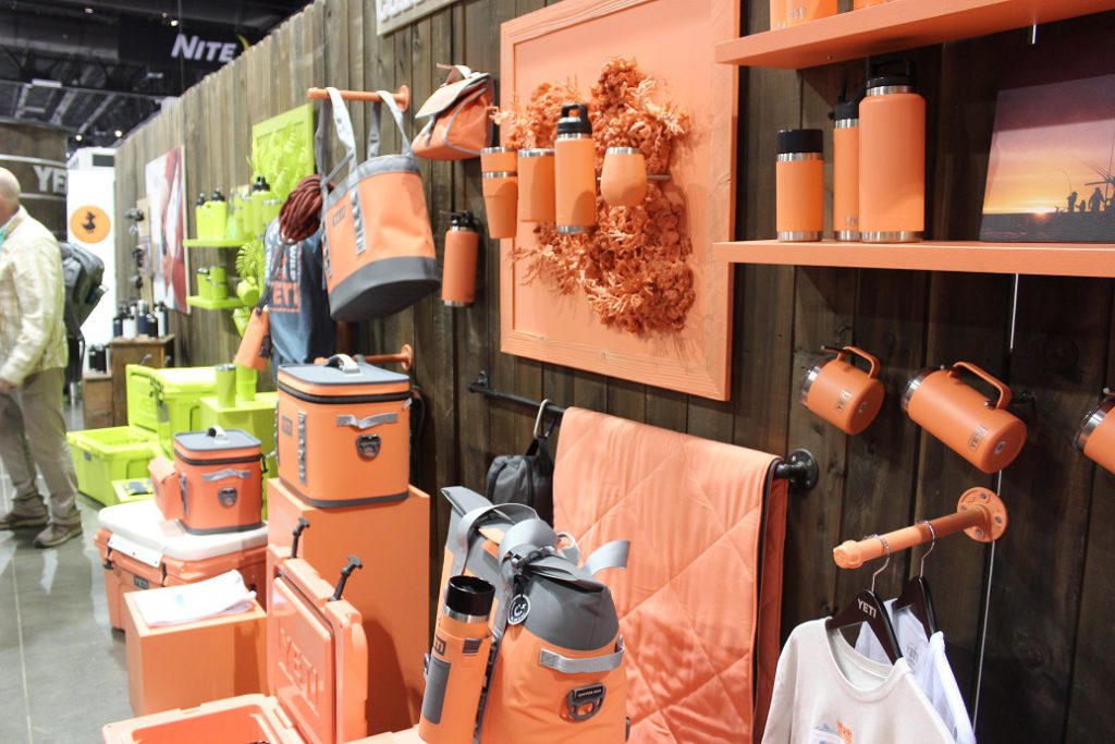 Colorful Yeti cooler and beverage products on display