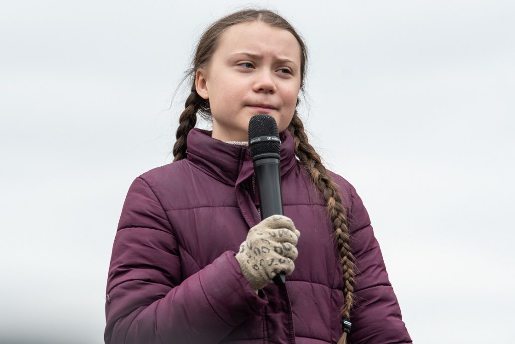 Greta Thunberg speaking to her audience at a demonstration in Berlin