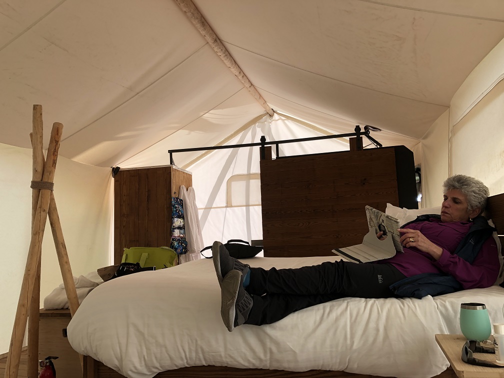 Inside our cozy tent at Under Canvas near Yellowstone NP