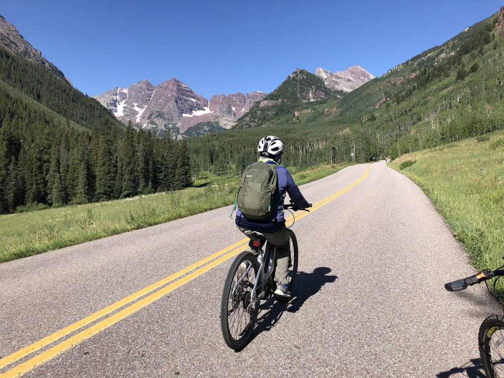 Eileen on the road to Maroon Bells near Aspen CO