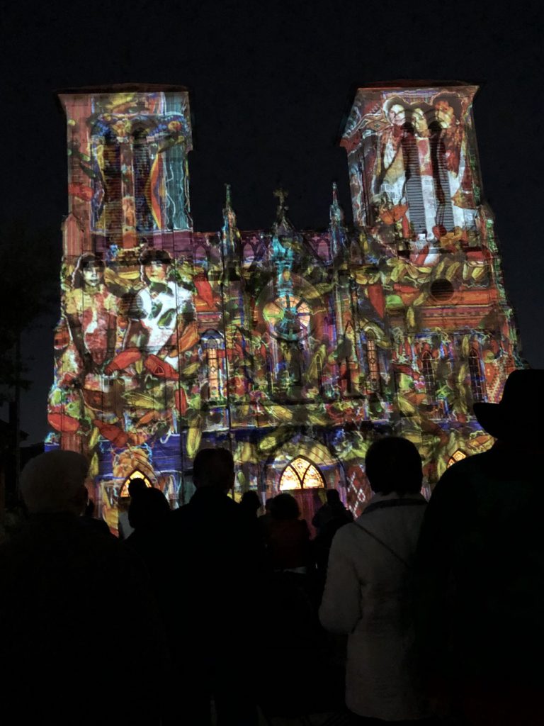 San Antonio history shown in lights on the old Cathedral