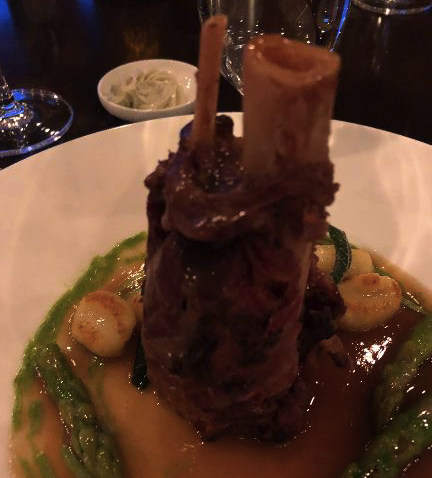 Wild Boar shank cooked Osso Buco style at Game Creek Club