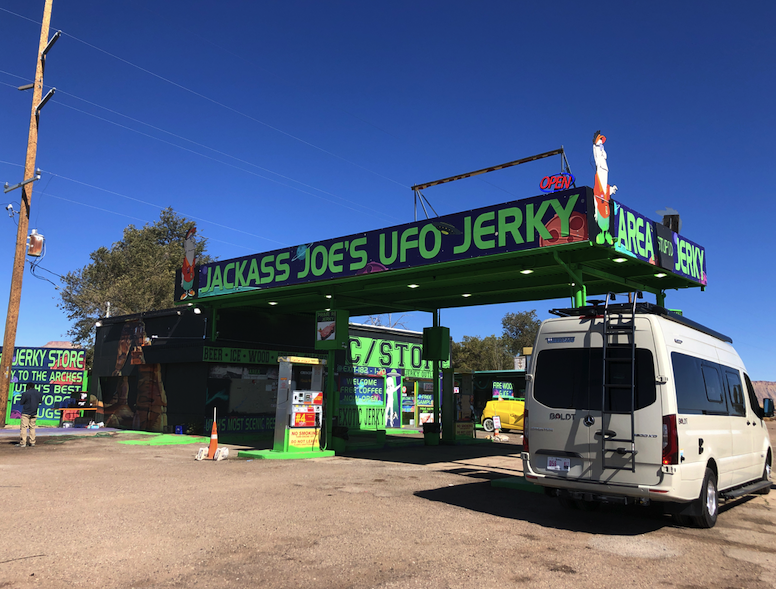 Filling up at the somewhat eclectic Jackass Joe's UFO Jerky joint off I-70 in eastern Utah