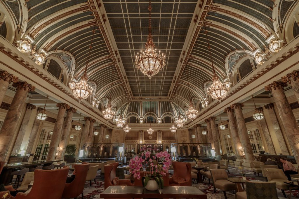 The Palace Hotel’s historical glass-domed atrium, opened in 1909, is the setting for brunch or tea