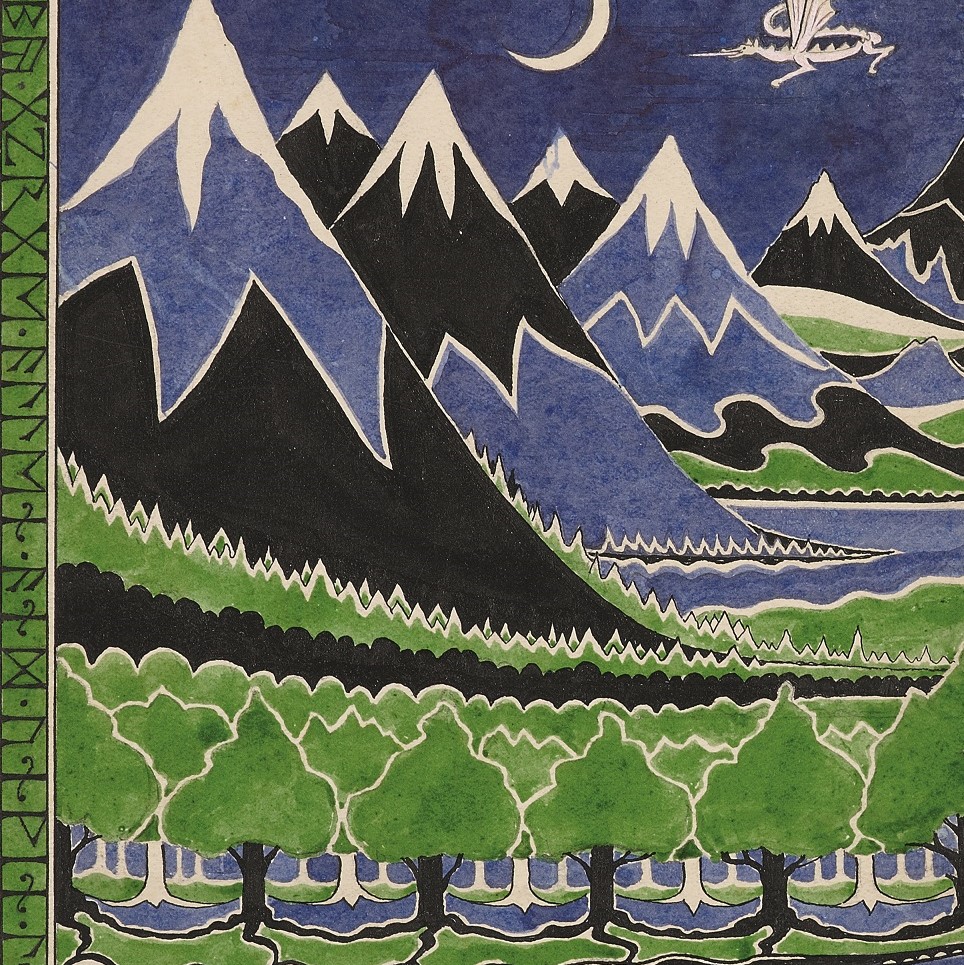 Tolkien (1892-1973), Dust jacket design for The Hobbit, April 1937, pencil, black ink, watercolor, gouache. Bodleian Libraries, MS. Tolkien Drawings