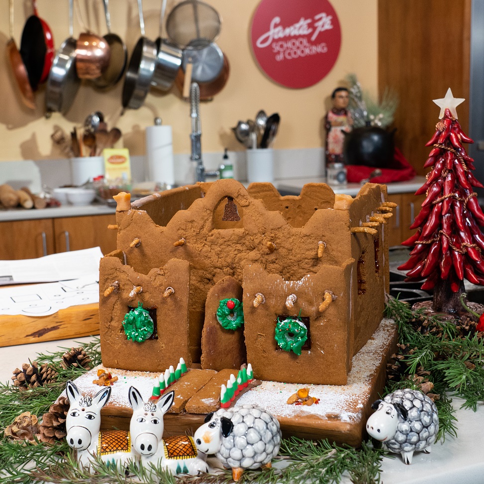 Santa Fe School of Cooking’s virtual gingerbread “adobe” house building class.