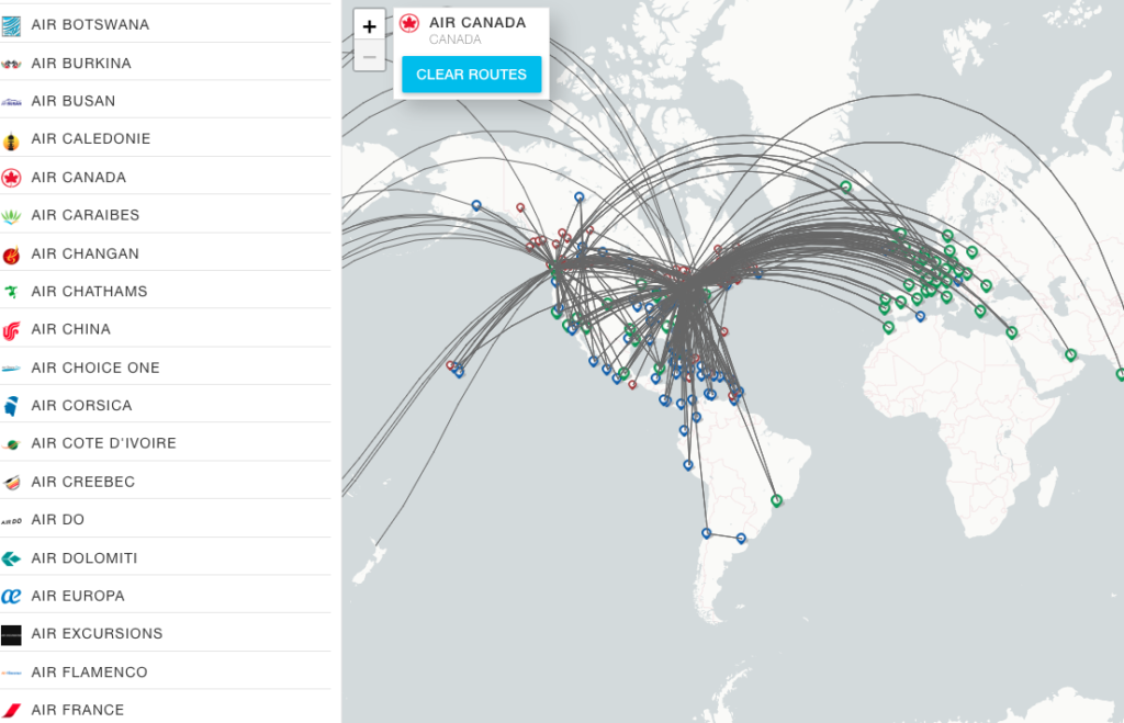 By selecting a specific airline you get an overview of every destinations to where you can fly directly.  *Red: >20 Blue: 21-100 Green: 100+