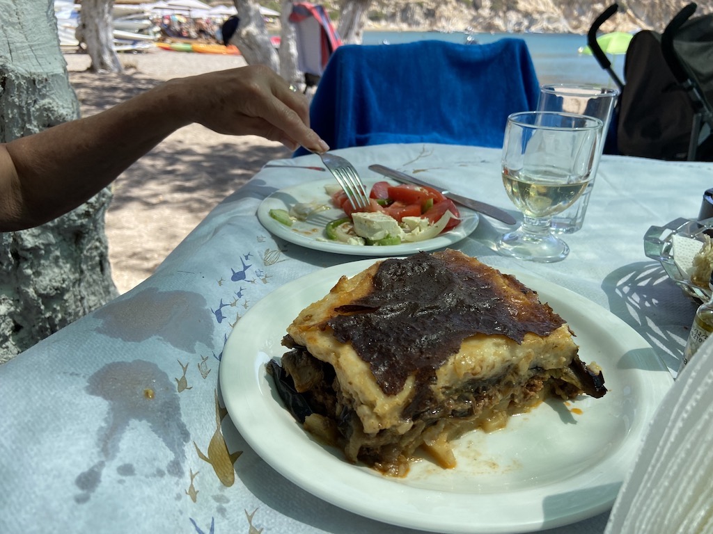 Moussaka - the Greek casserole with eggplant and meat with a bechamel top