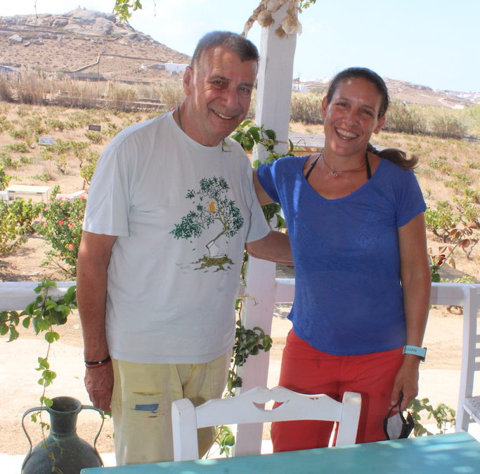 Niko Asymomytis and his daughterDimitra Asimomyti at their organic vineyard on Mykonos