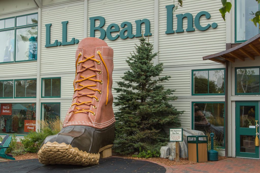 Main entrance to the famous L.L. Bean store in Freeport, Maine, USA.