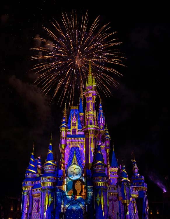 Cinderella's Castle at Walt Disney World, adorned for the 50th Anniversary Celebration.