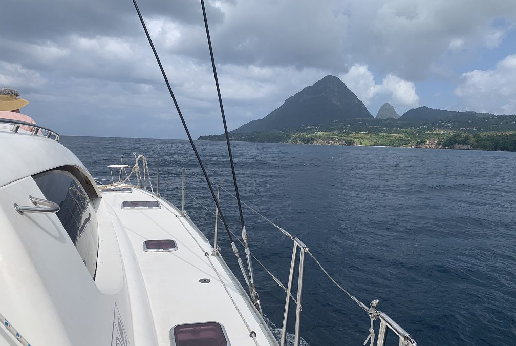 View of the Pitons from the catamaran cruise