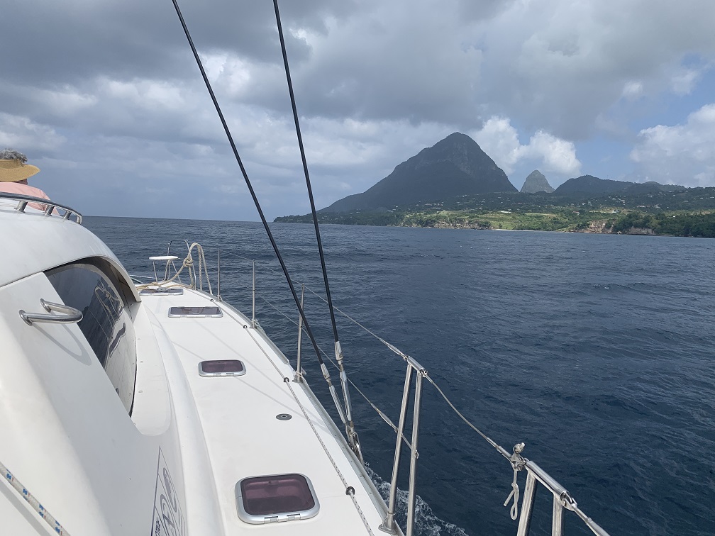 View of the Pitons from the catamaran cruise