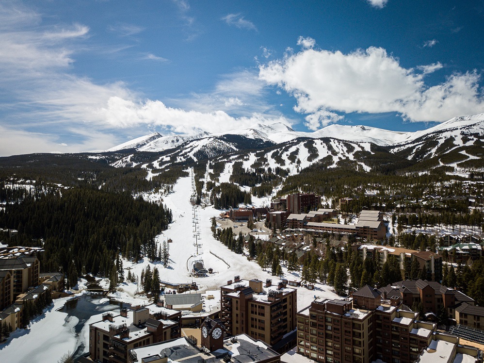 Springtime in Breckenridge, specifically the downtown area and peak 9.