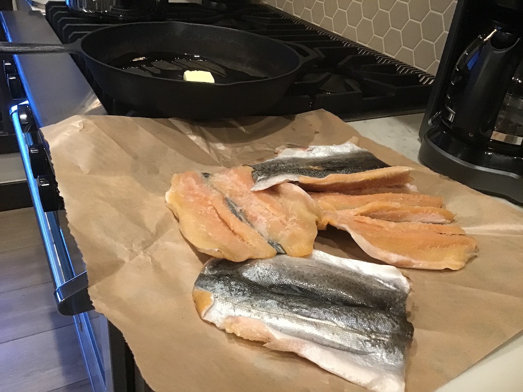 Butterflied Rainbow Trout await the cast iron skillet