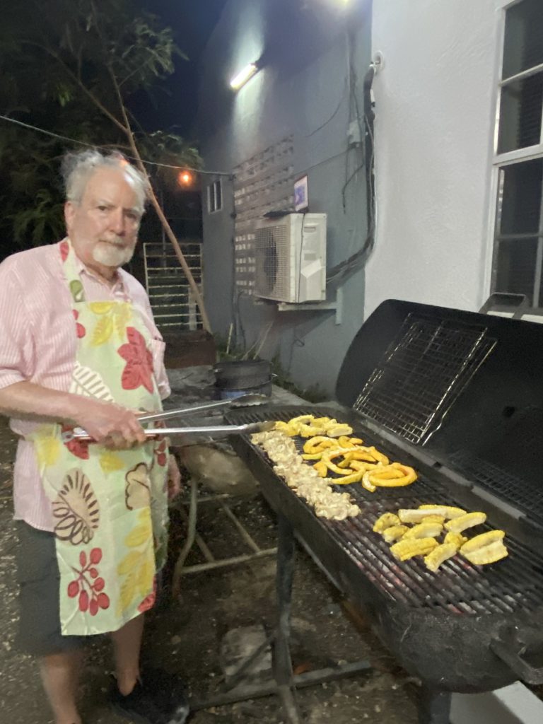 Grilling chicken skewers, corn and pumpkin at Vittle Arts
