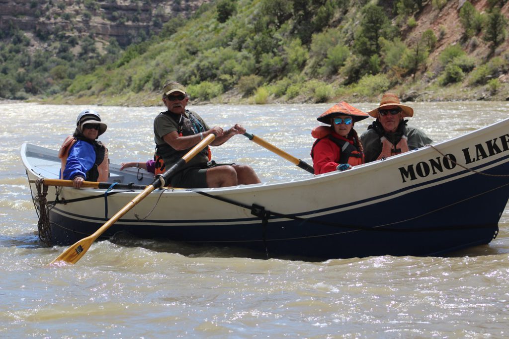 "Doc" Nicholson steering his dory "Mono Lake" on OARS raft trip down Yampa River in 2019.