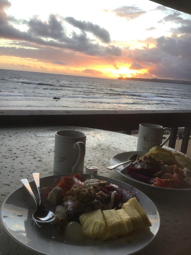 Sunrise breakfast on deck outside out room at Hanalei Colony Resort